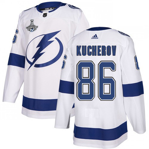 Adidas Tampa Bay Lightning #86 Nikita Kucherov White Road Authentic Youth 2020 Stanley Cup Champions Stitched NHL Jersey